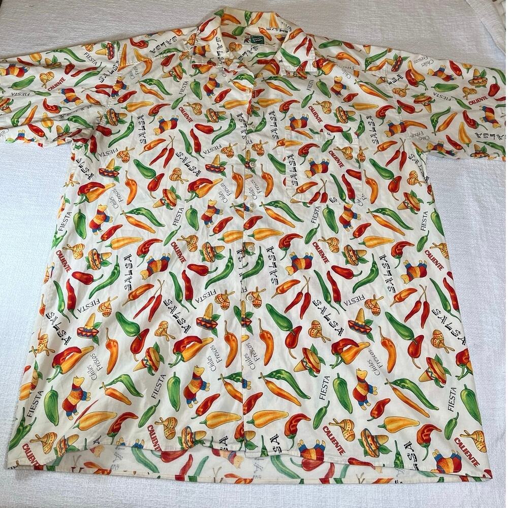 XL Johnny Cotton Salsa Fiesta Shirt Vintage All Over Print Chili Pepper 90s AOP